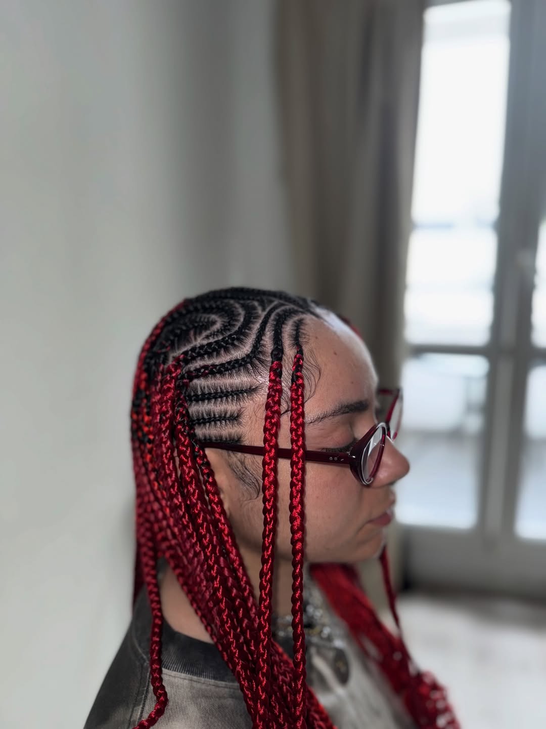 Vibrant Red Fulani Braids With Sculpted Edges
