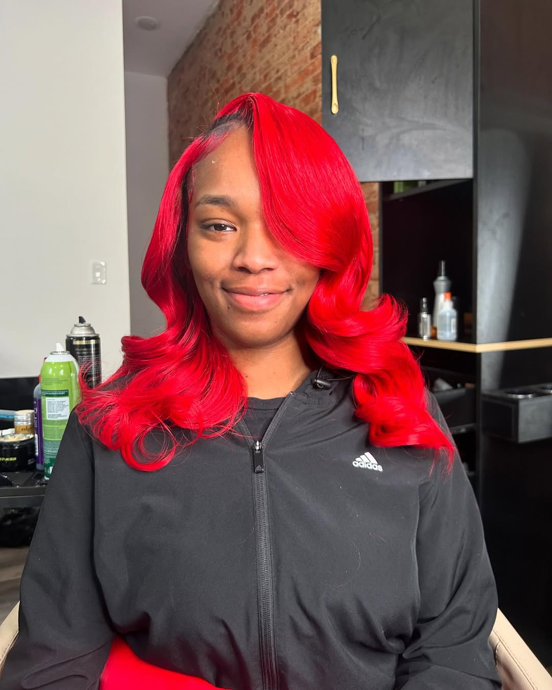 Vibrant Red Hollywood Waves With Deep Side Part