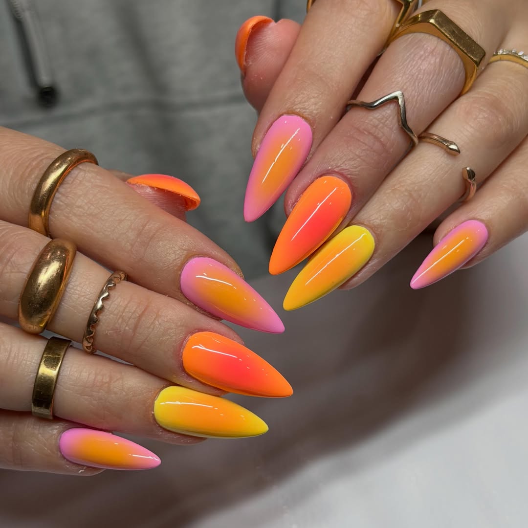 Vibrant Sunset Ombre Stiletto Gel Nails