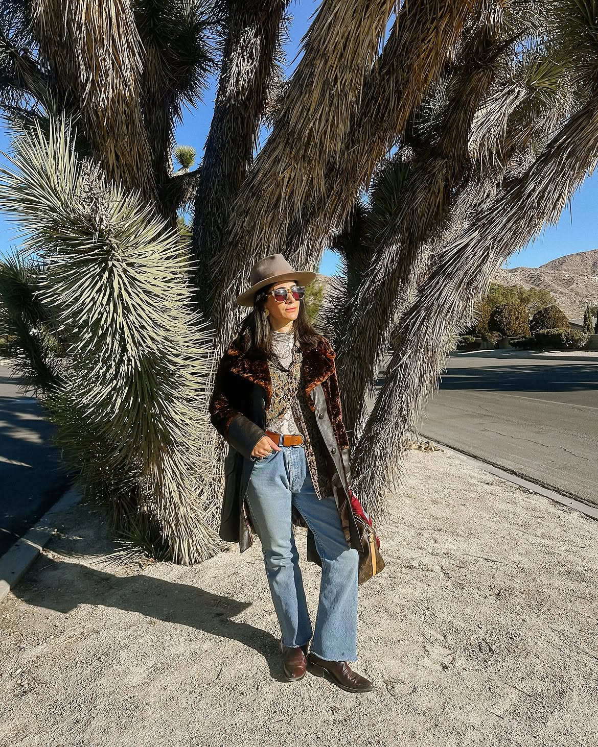 Vintage Western Style Denim and Shearling Coat