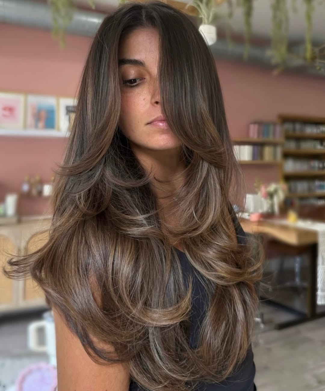 Voluminous Layered Brunette With Ash Blonde Highlights