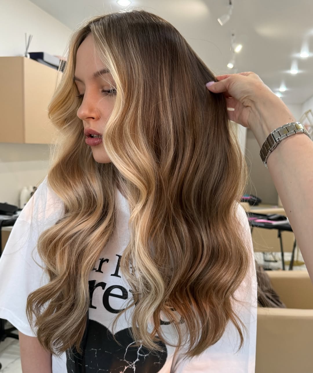 Warm Blonde Balayage Long Layers With Bouncy Waves