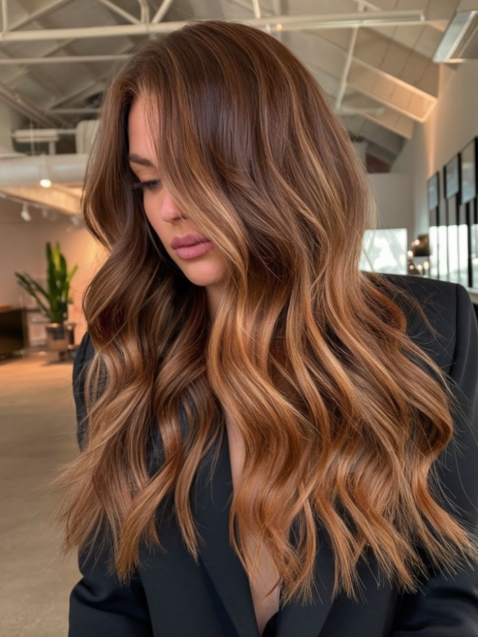 Warm Brunette Balayage With Face-Framing Waves