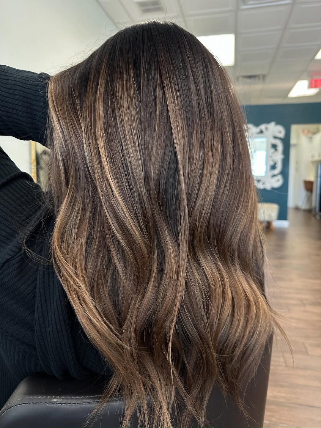 Warm Caramel Balayage On Brunette Wavy Hair