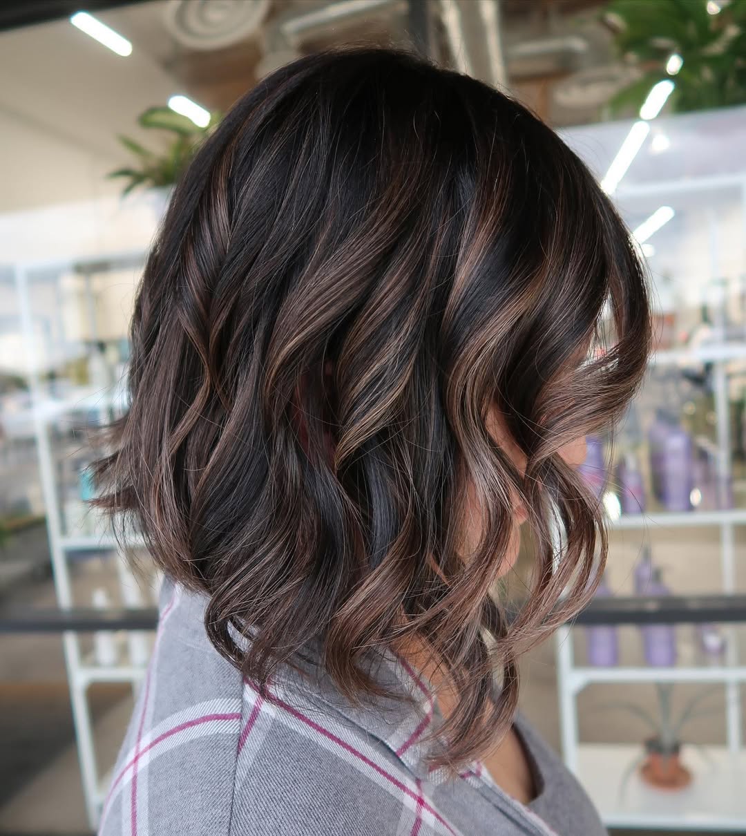 Warm Chestnut Balayage On Wavy Bob