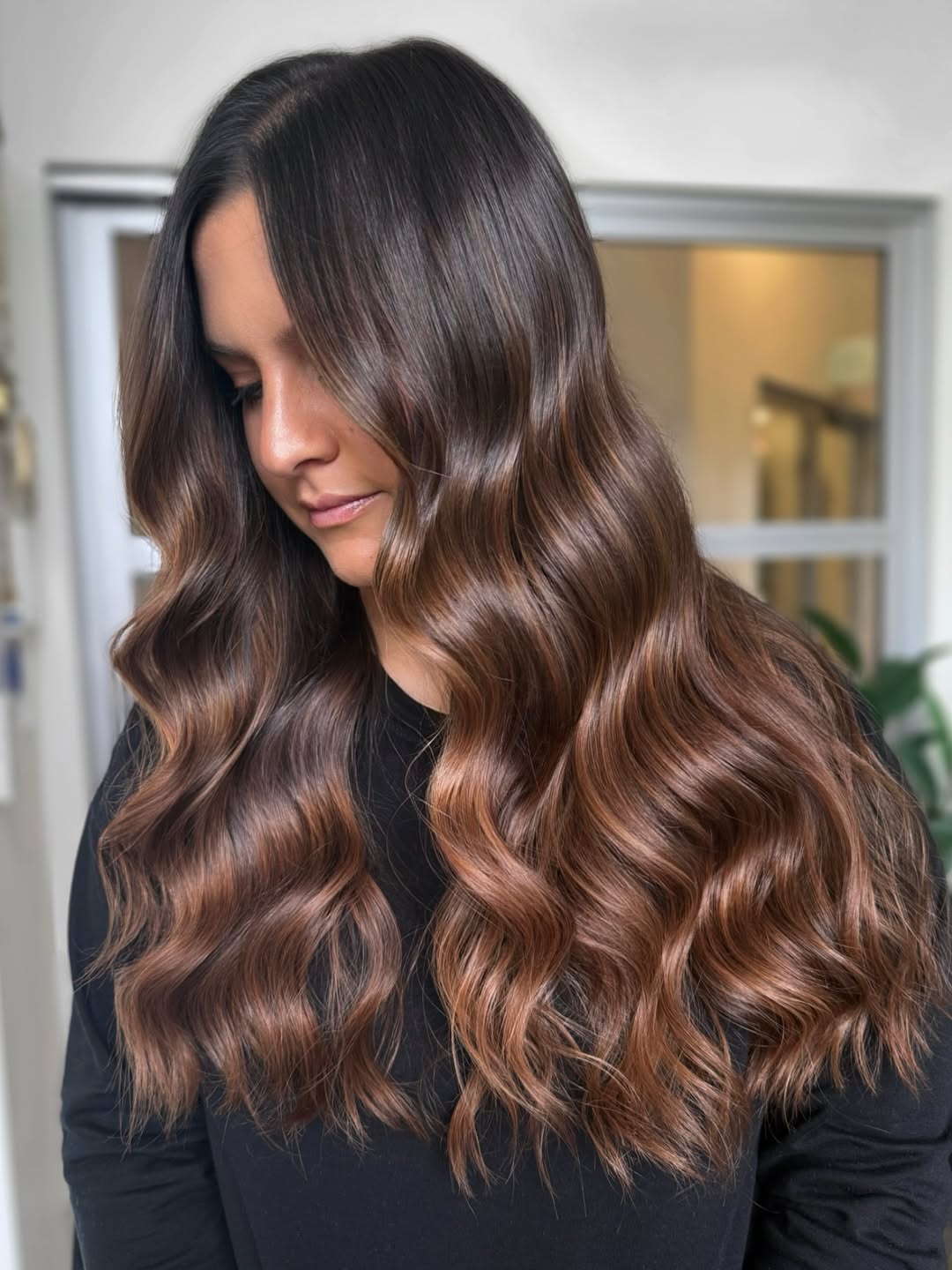 Warm Chestnut Balayage With Soft Waves