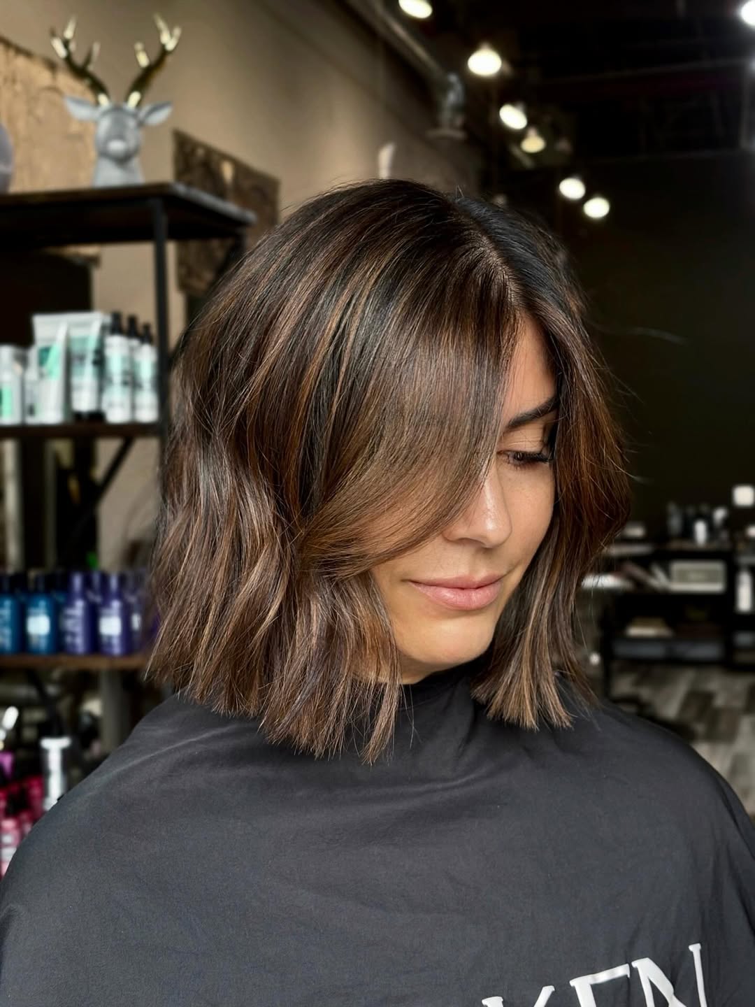 Warm Chocolate Balayage Bob With Loose Waves