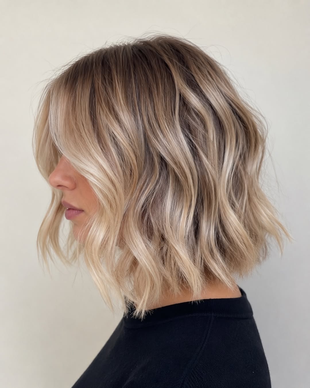 Wavy Chin Bob With Blonde Balayage And Curtain Bangs