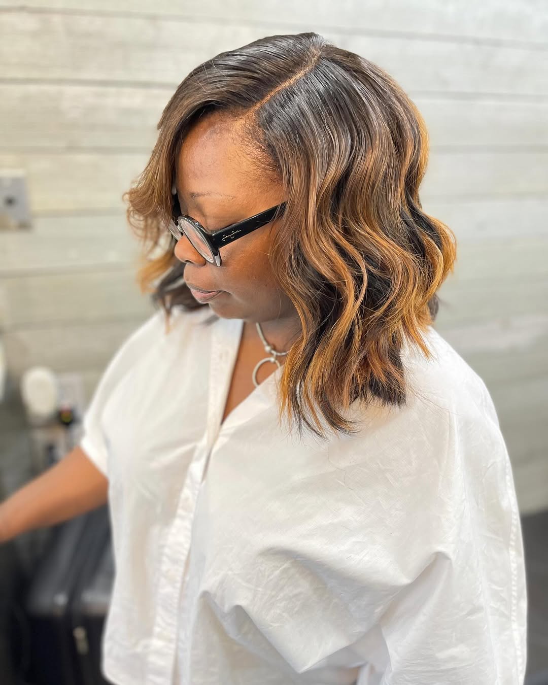 Wavy Chocolate Auburn Caramel Balayage Bob
