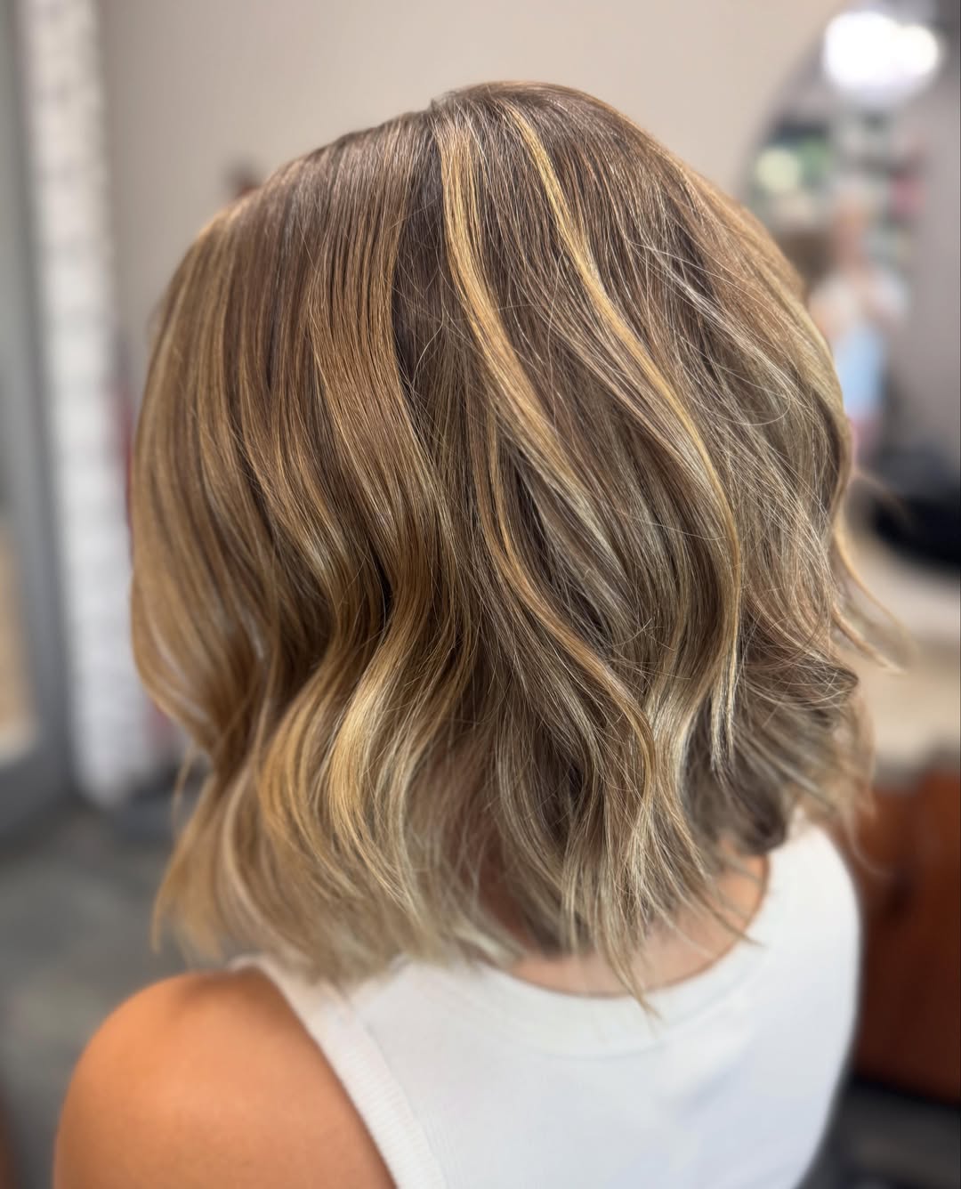 Wavy Honey Blonde Bob with Root Smudge