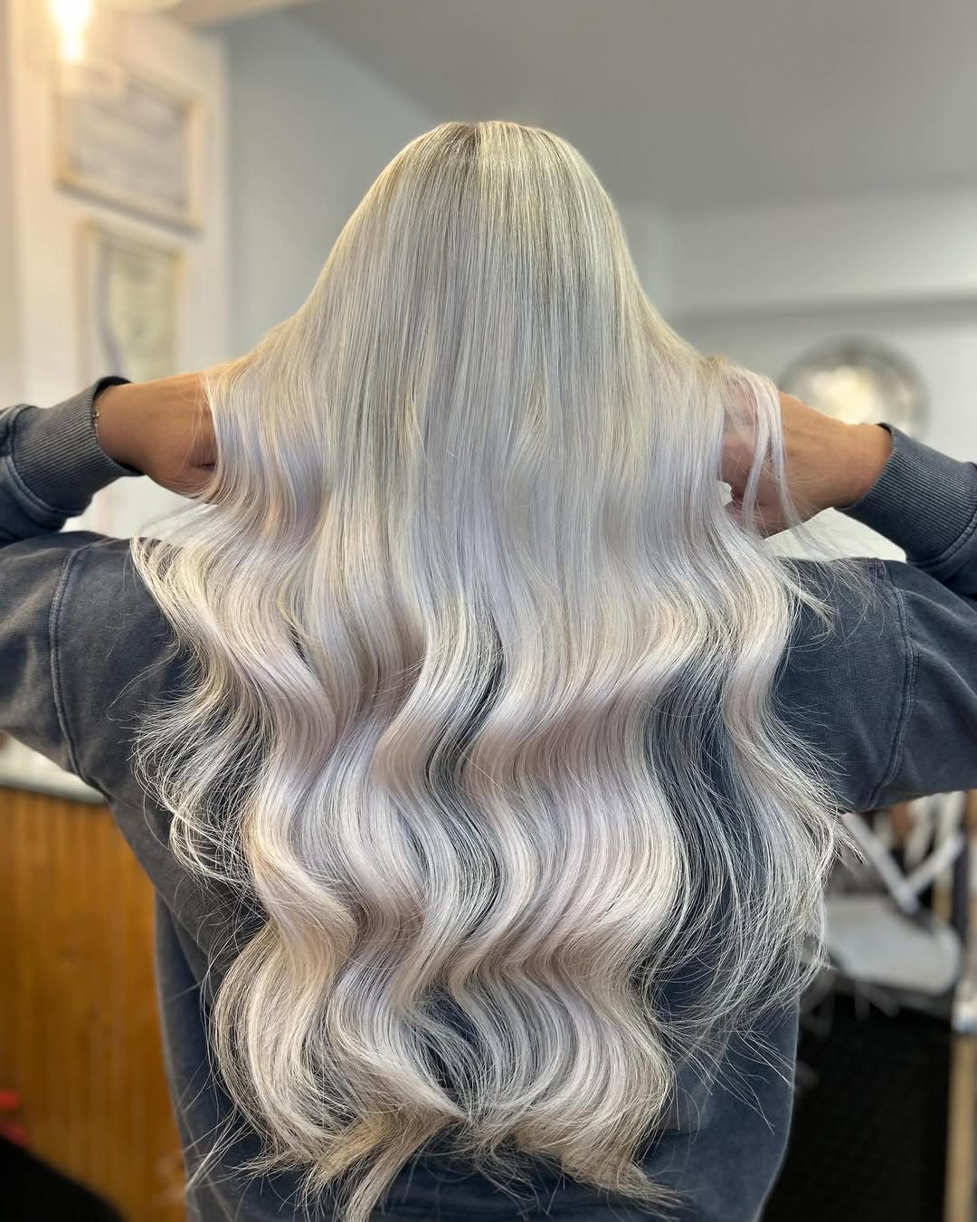 Wavy Waist-Length Platinum Blonde Hair with Shadow Root