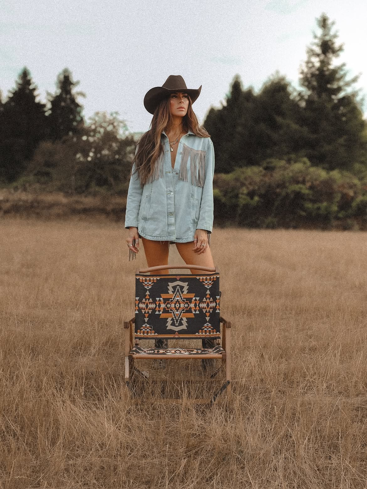 Western Denim Fringe Jacket With Suede Shorts