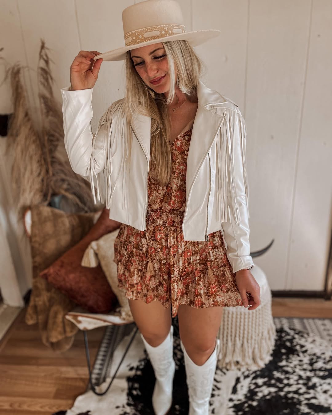 Western Fringe Jacket And Floral Romper Outfit