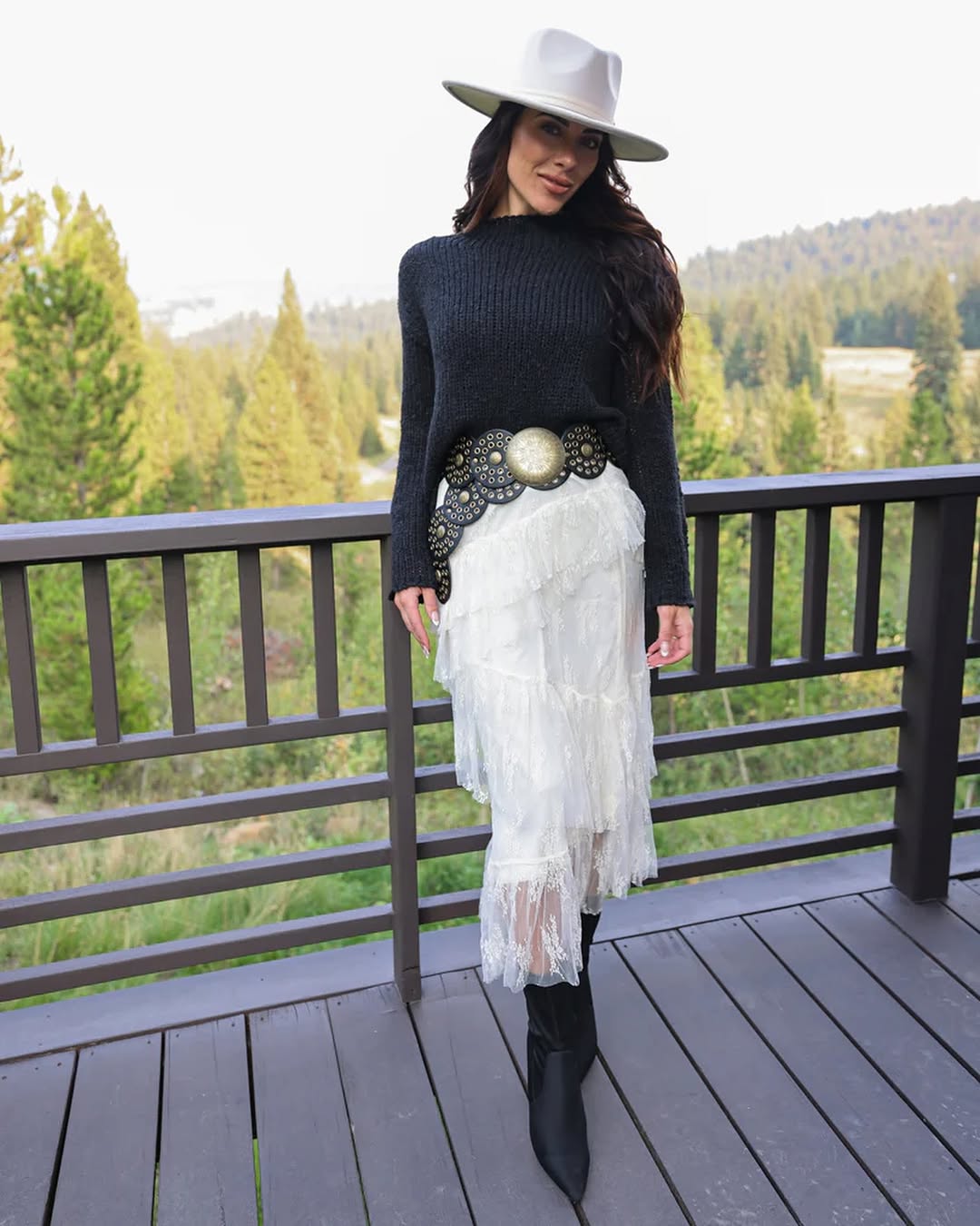 Western Inspired Lace Skirt And Sweater Look