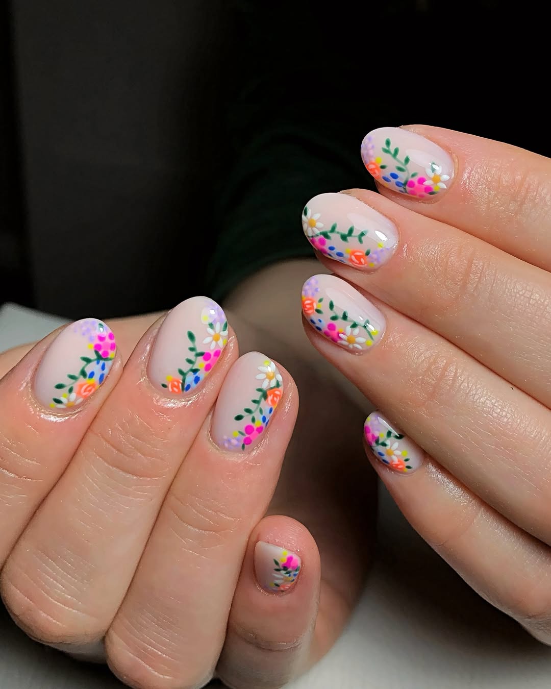 Whimsical Floral Trail Oval Glossy Nails