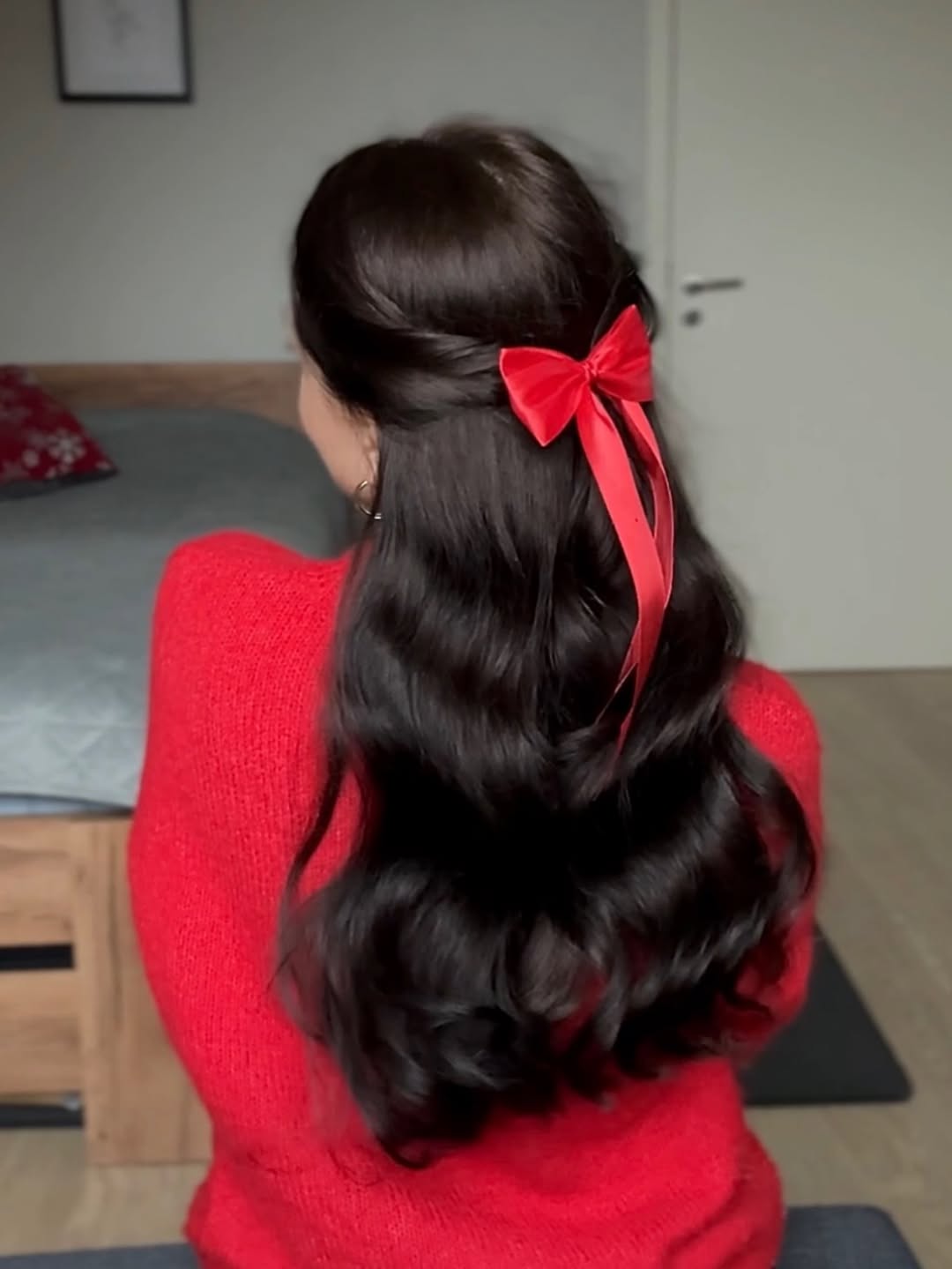 Whimsical Half-Up Waves With Red Bow Accent