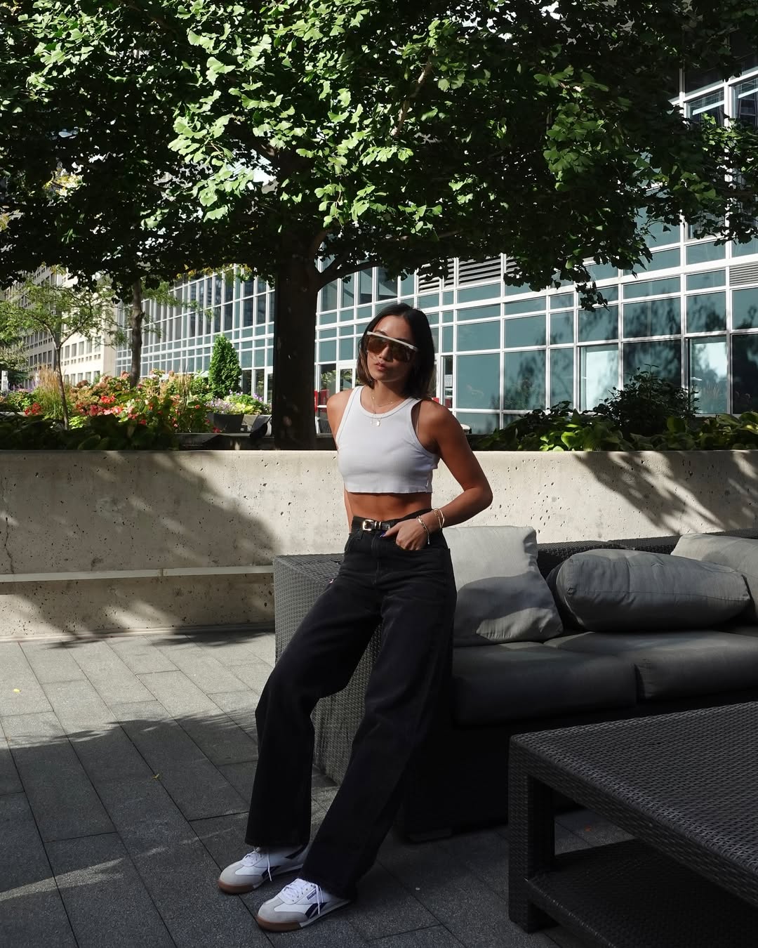 White Cropped Tank With Black Wide Leg Jeans