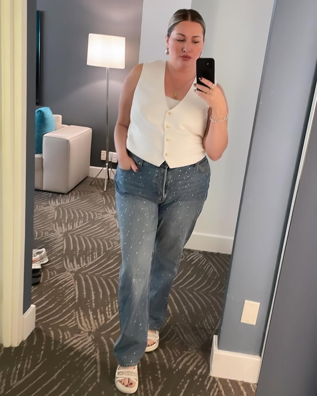 White Vest And Embellished Denim Casual Cool Look