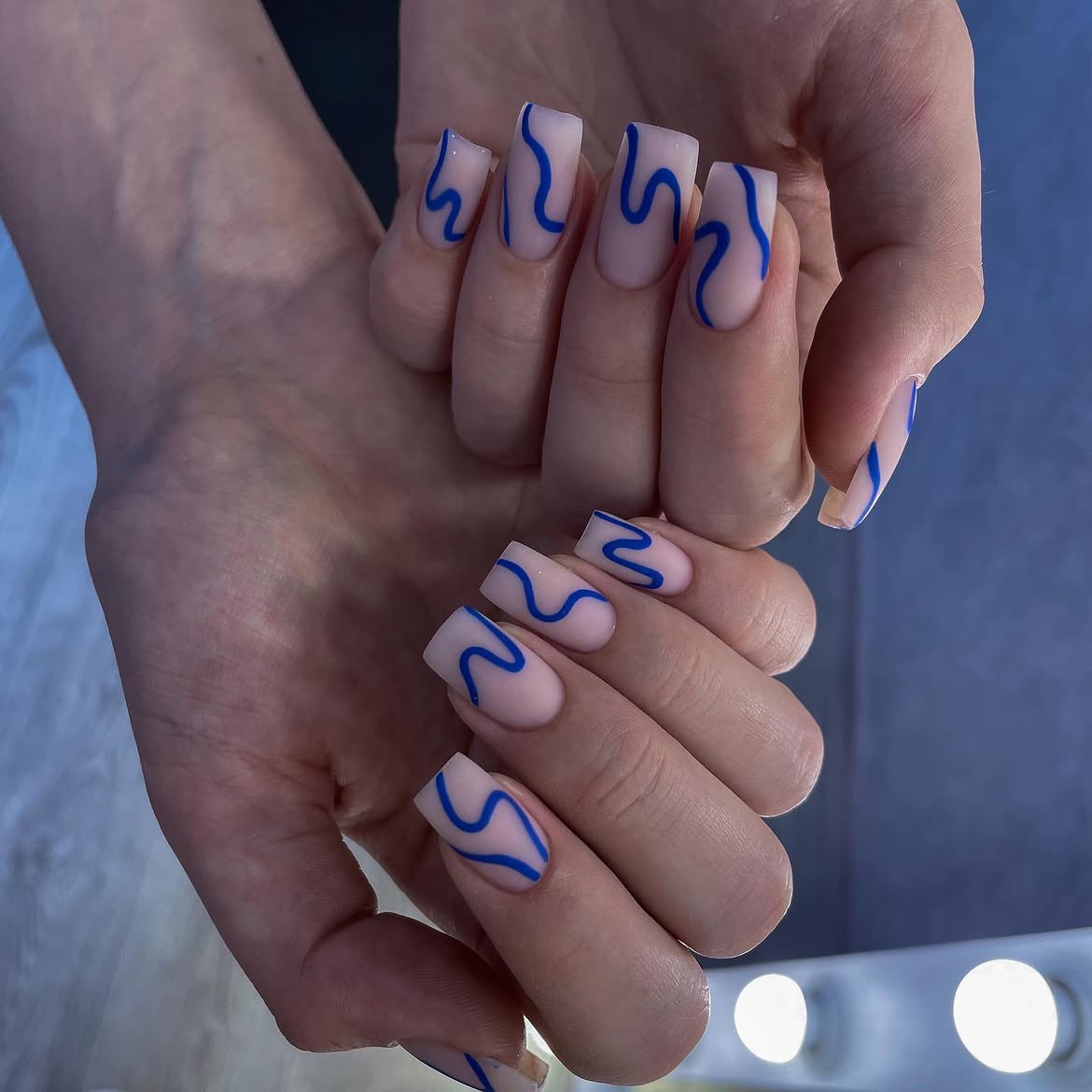 Abstract Blue Swirl Matte Square Nails