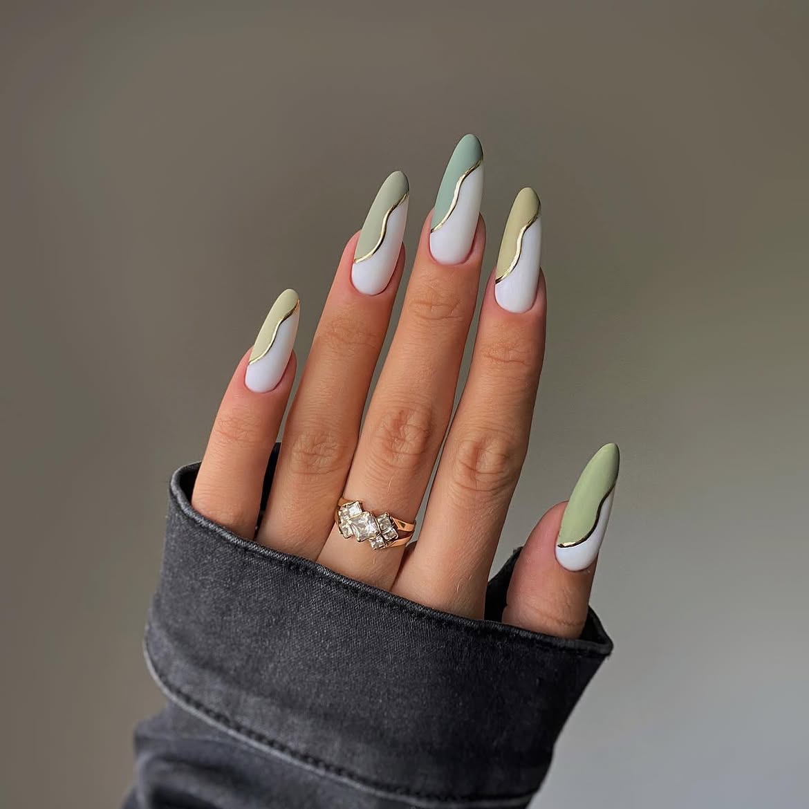 Abstract Sage Green & Gold Almond Nails