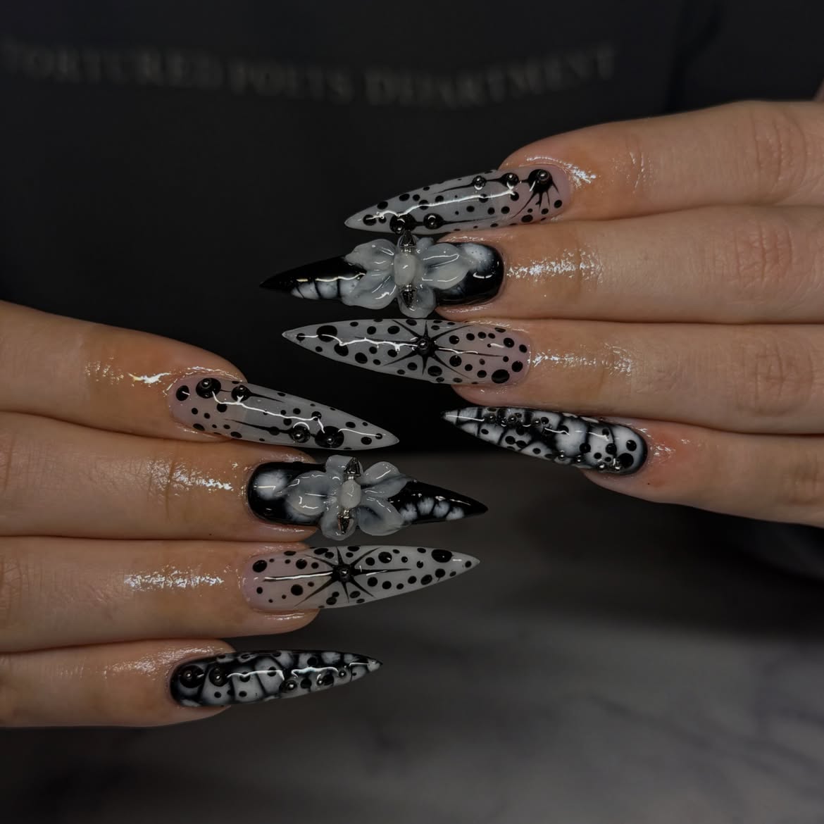 Abstract Smoke Bow Stiletto Nails with Polka Dots