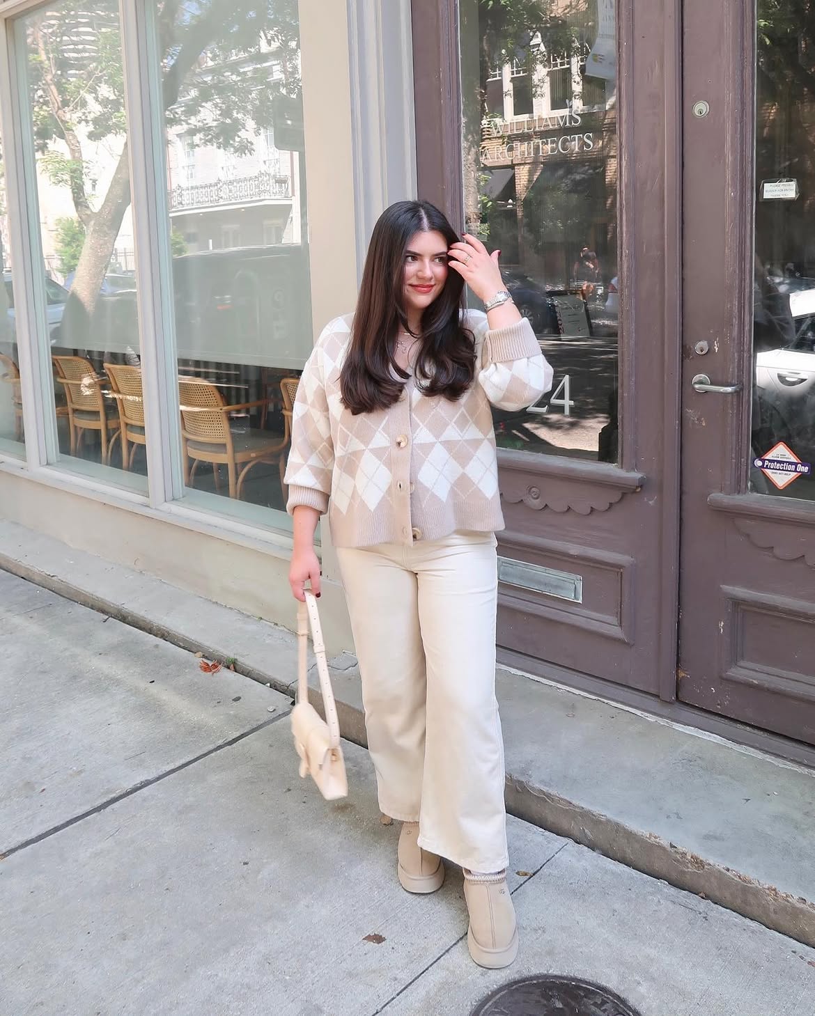Argyle Cardigan And Cream Wide-Leg Pants Outfit