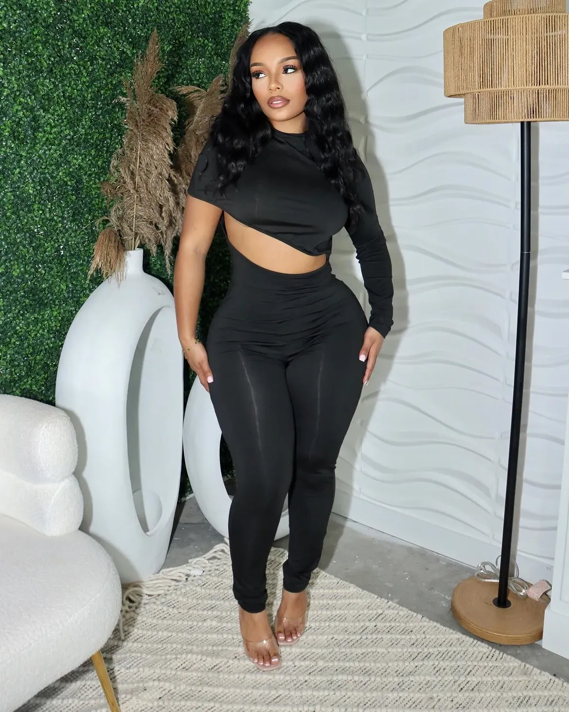 Asymmetrical Cut-Out Jumpsuit With Clear Heels