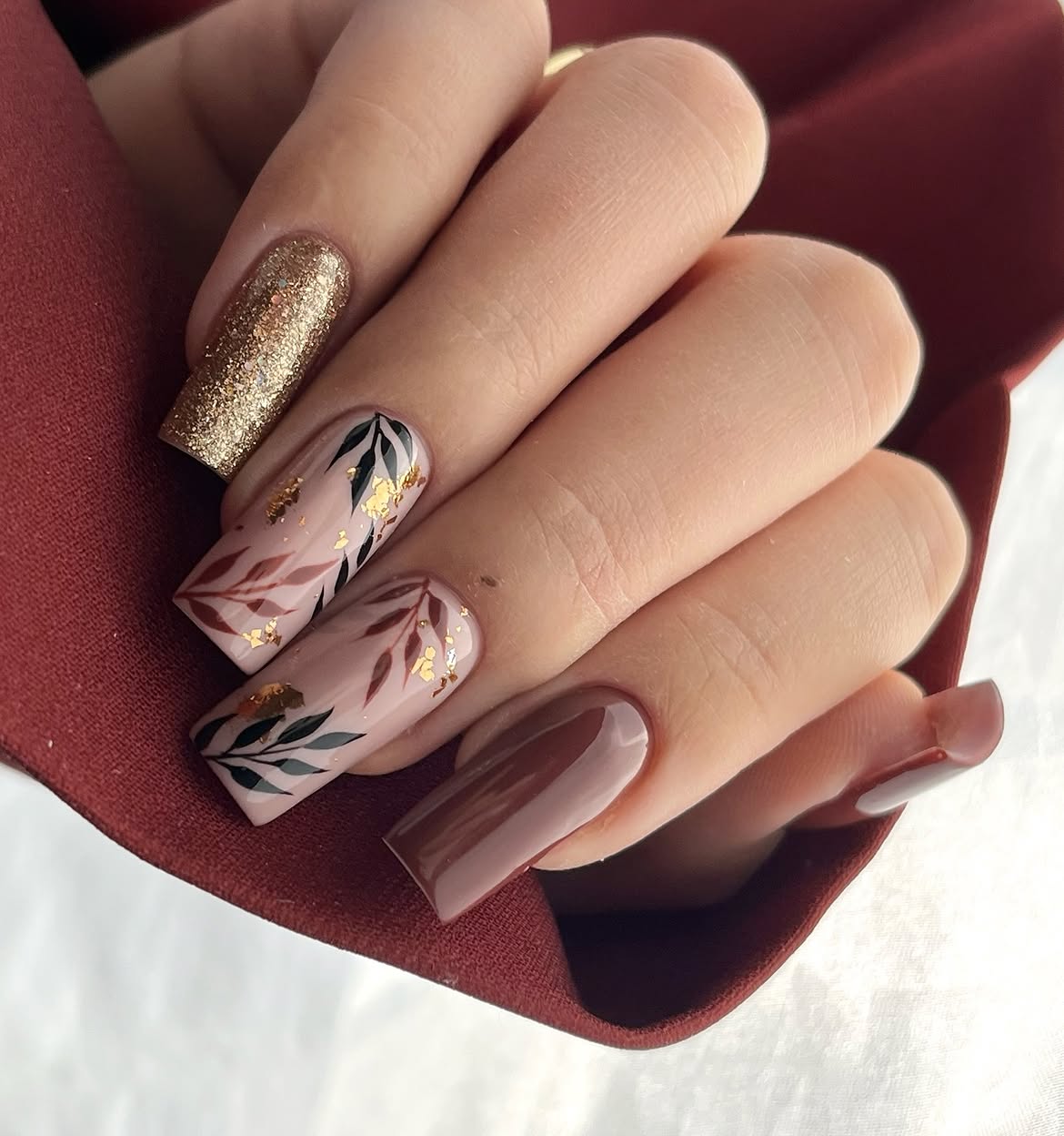 Autumn Leaf Art With Gold Accents Almond Nails