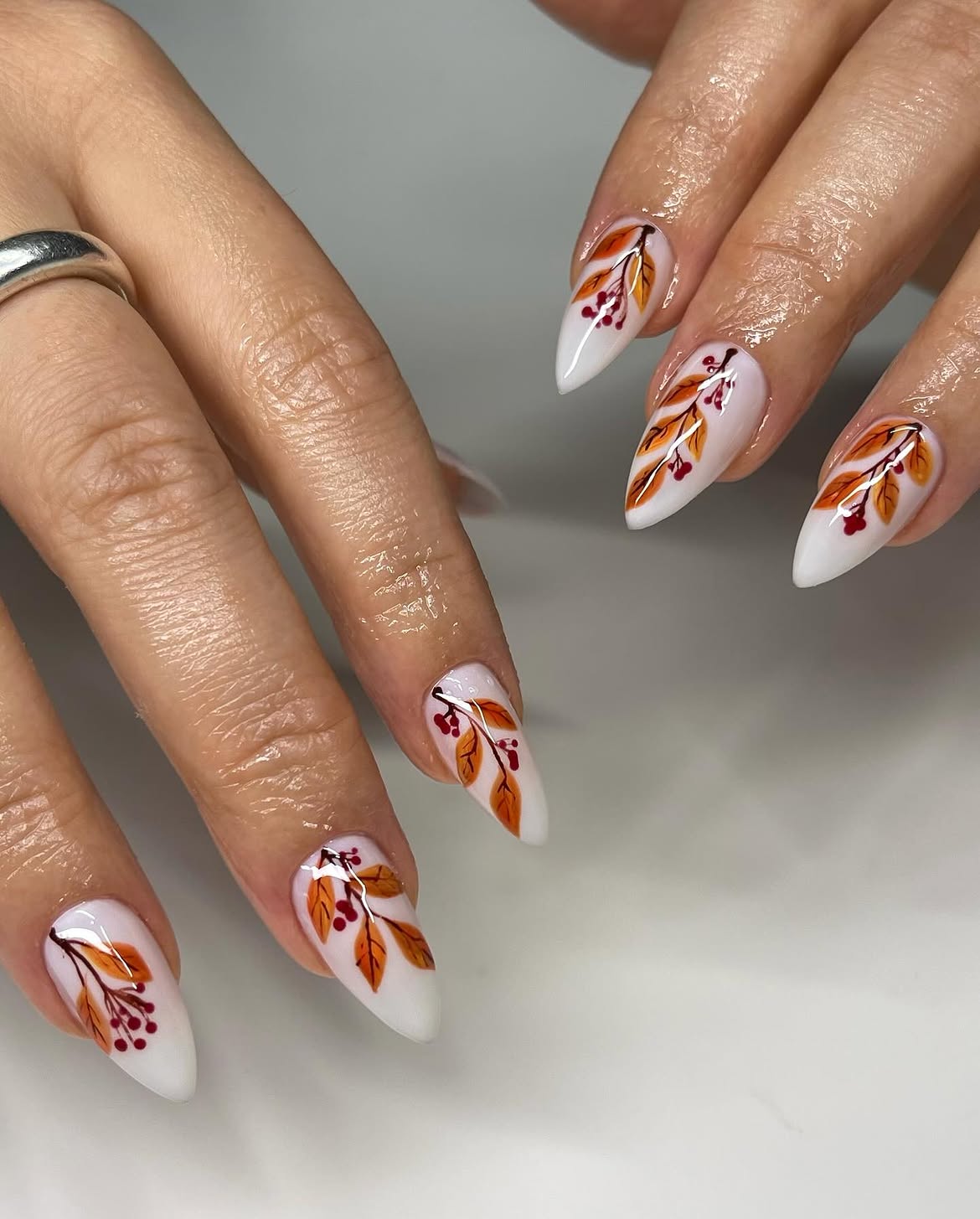 29 Stunning Fall Leaves Nail Ideas You Need To Try Now 3 Autumn Leaf Berry Branch Almond Nails