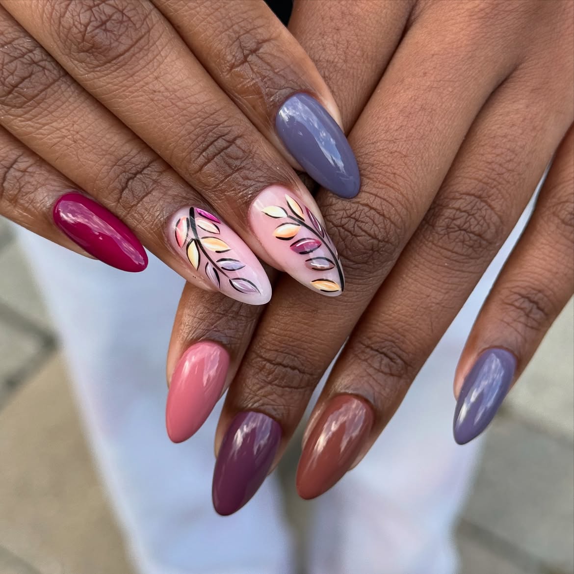 Autumn Leaf Design Almond Nails