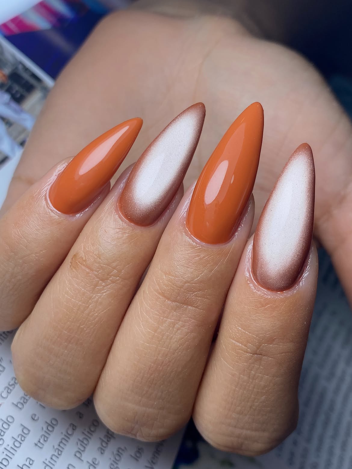 Autumn Ombre Stiletto Nails with Cat Eye Swirl