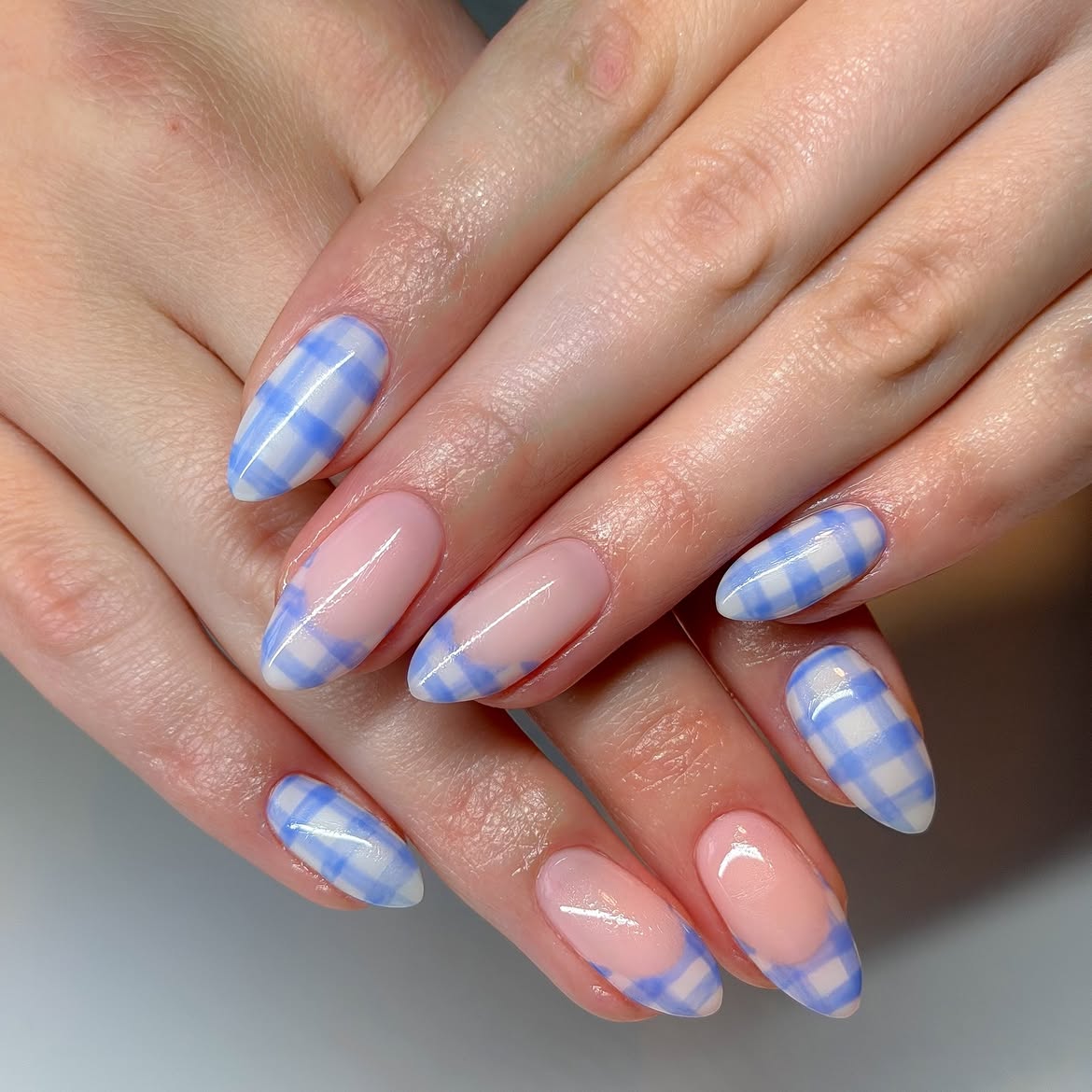 Baby Blue Gingham French Tip Nails