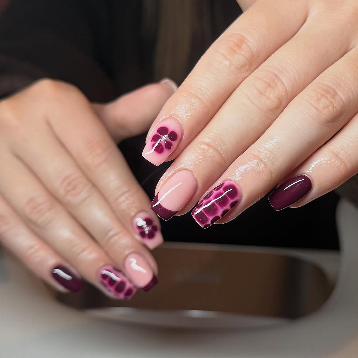 27 Must-Try Early Fall Nail Ideas For A Chic Autumn Vibe 18 Berry French Tips With Floral & Snake Accents