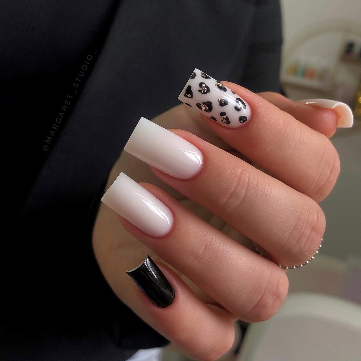 Black and White Leopard Print Square Nails