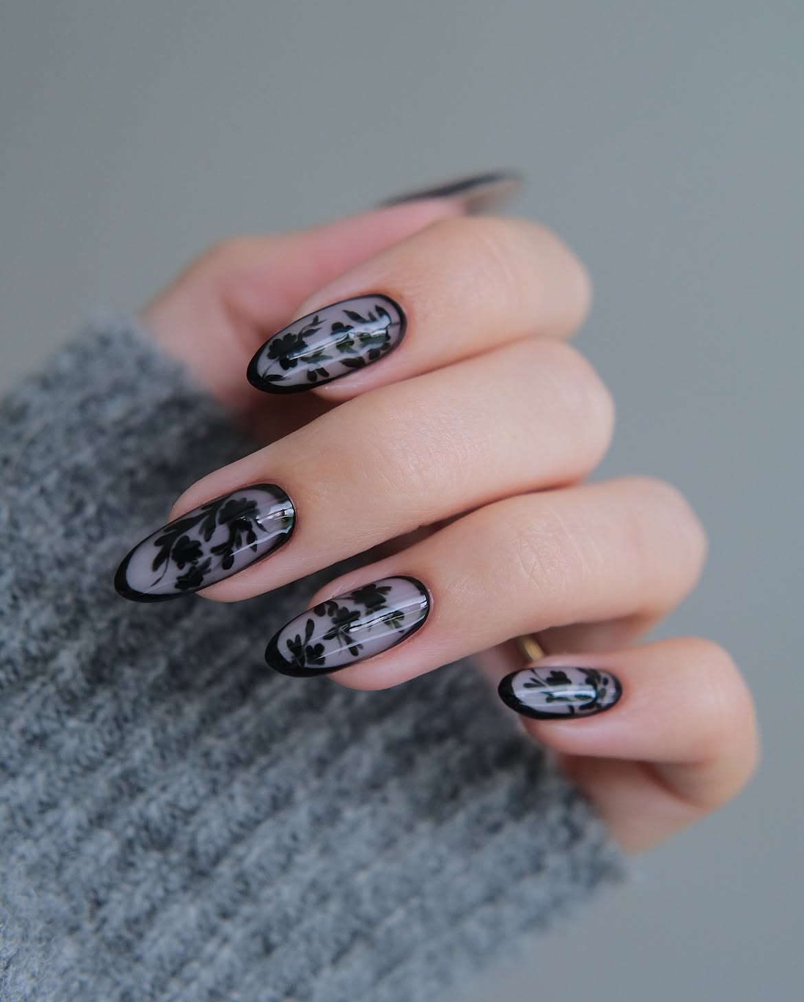 29 Stunning October Nail Ideas You Need To Try Now 4 Black Floral Lace Overlay Almond Nails