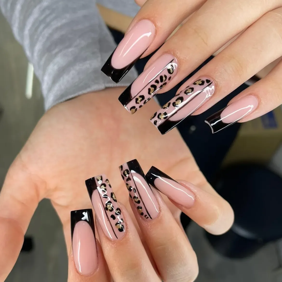 Black French Tip Leopard Print Coffin Nails