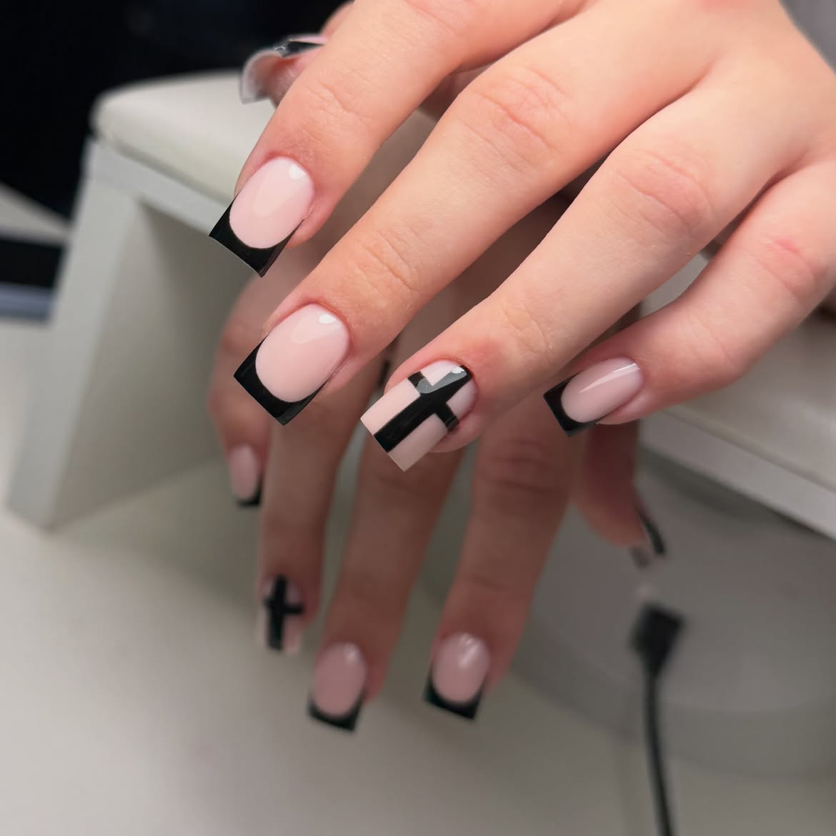 Black French Tip Square Nails With Cross Art