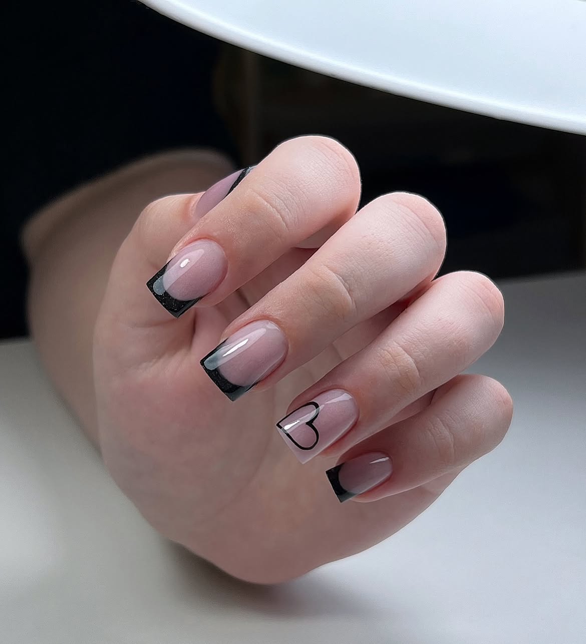 Black French Tip Square Nails with Outline Heart
