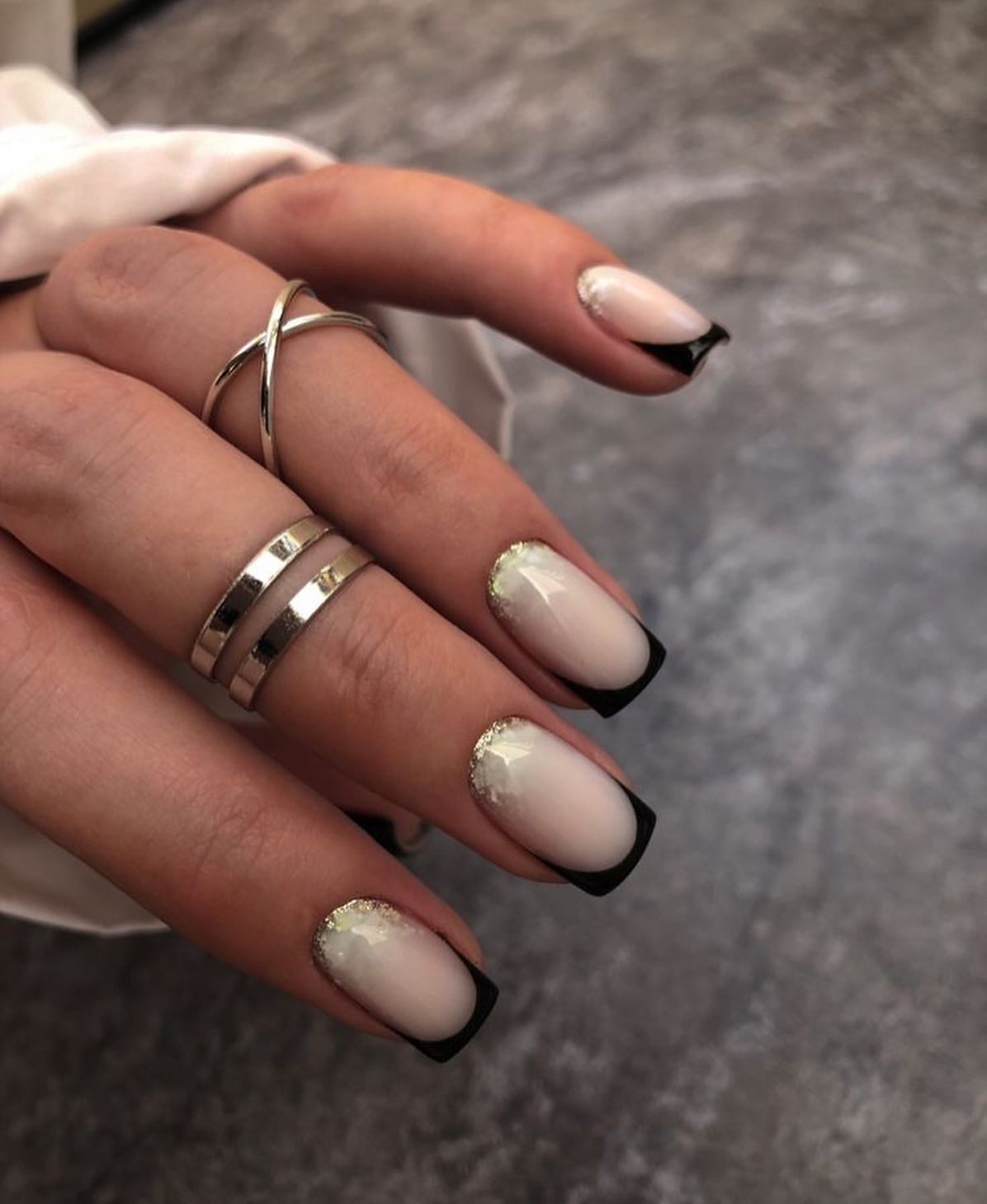 Black French Tip with Glitter Ombre Accents