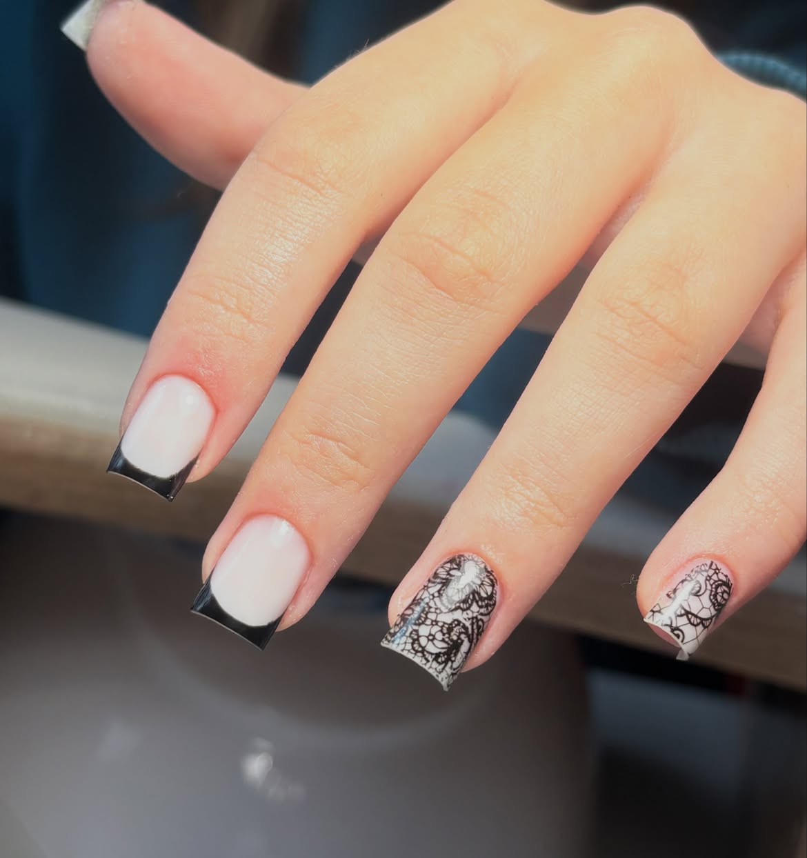 Black Lace French Tip Square Nails
