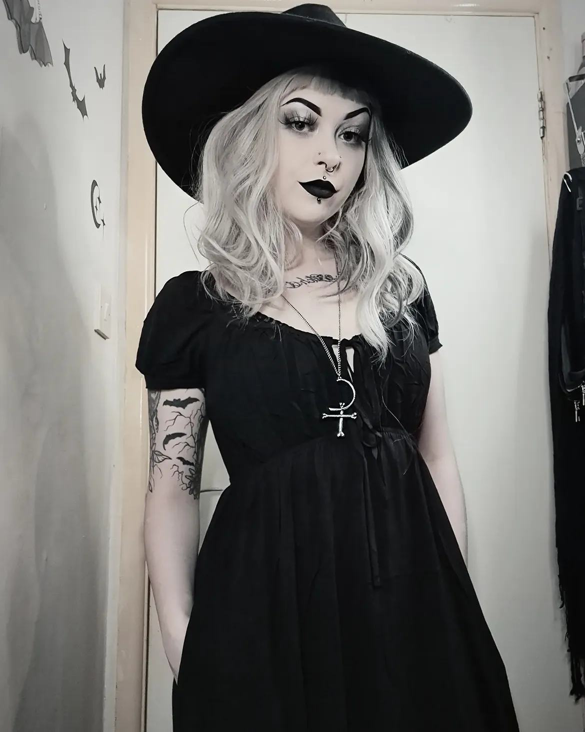 Black Mini Dress And Wide Brim Hat Witchy Look