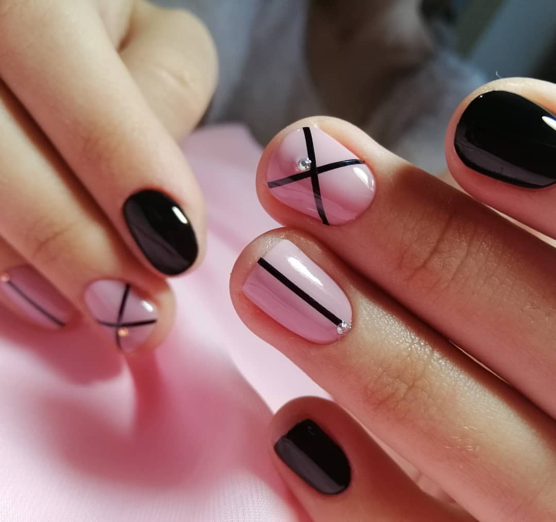 Black & Pink Geometric French Tips with Gems