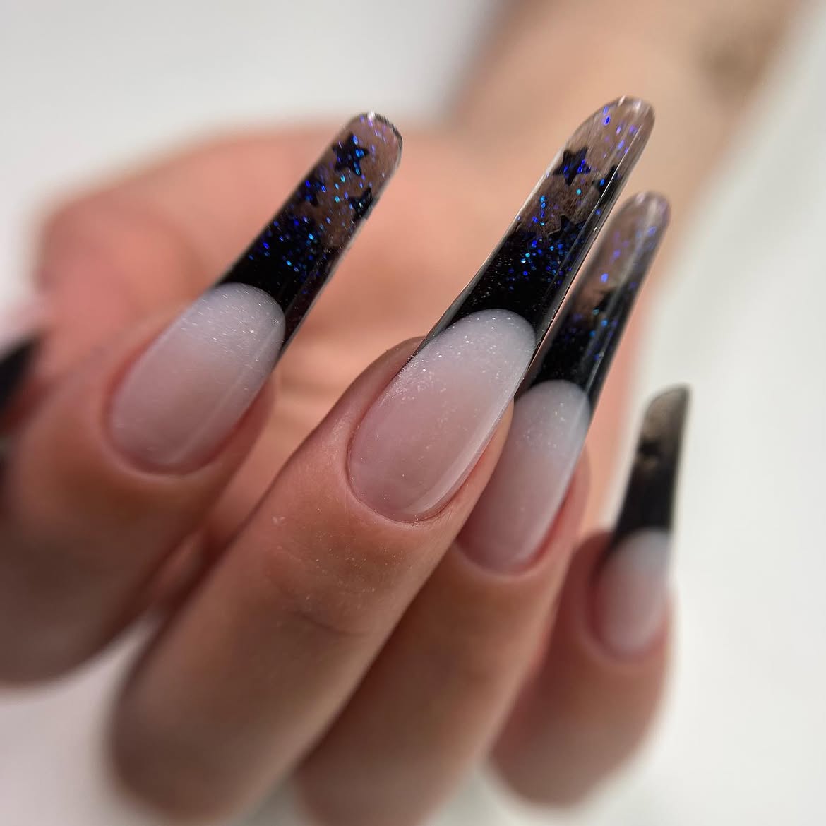 Black Star Glitter French Tip Coffin Nails