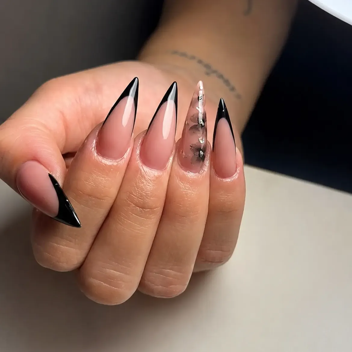 Black Tip Stiletto French Nails With Abstract Art