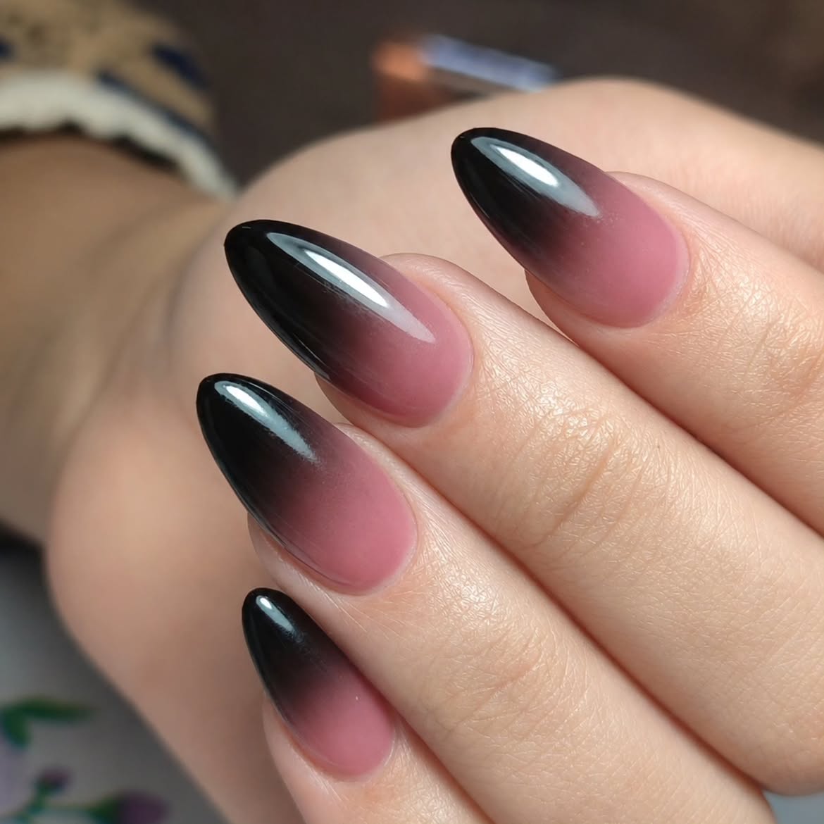 Black To Pink Ombre Glossy Almond Nails