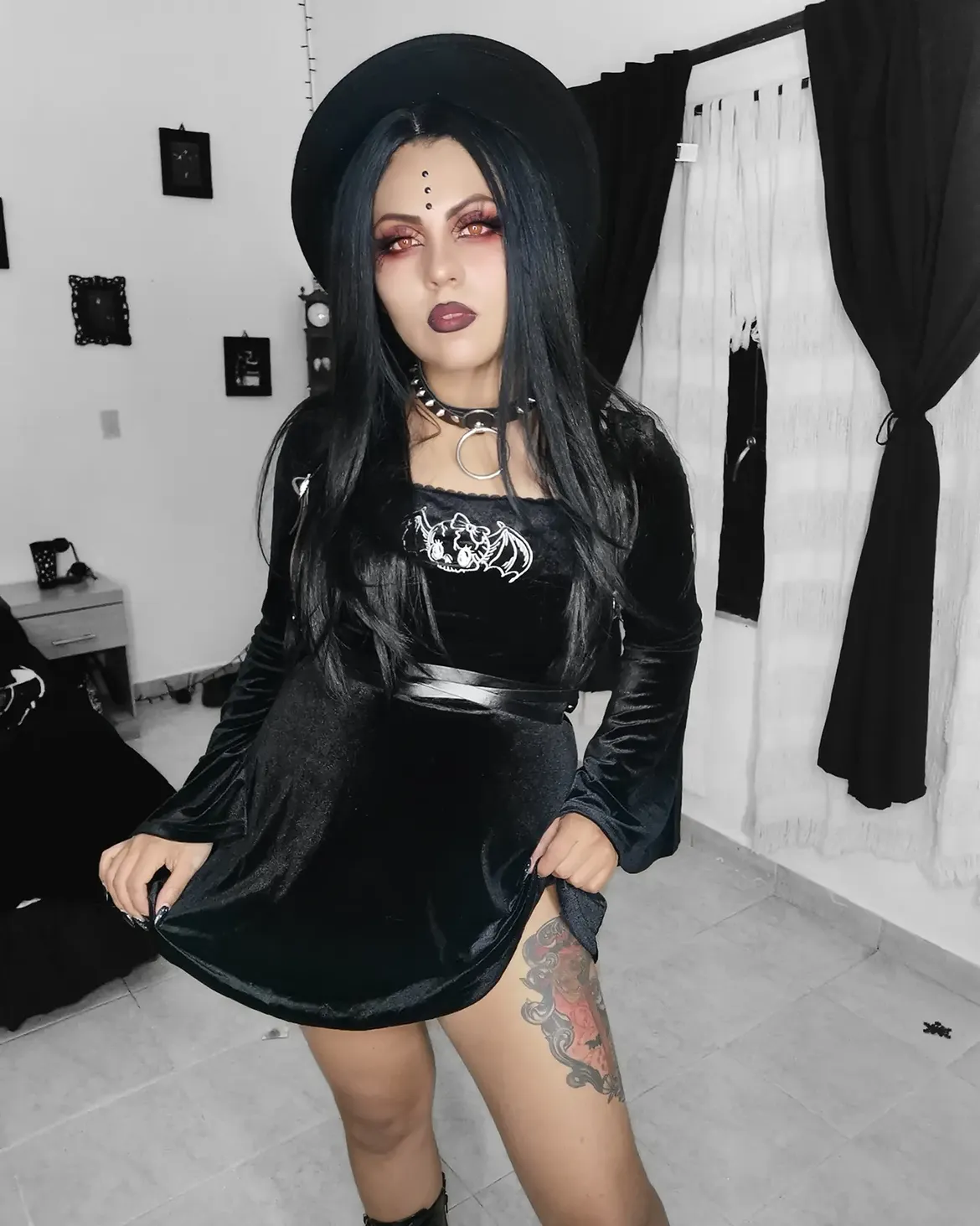Black Velvet Bell Sleeve Mini Dress With Choker