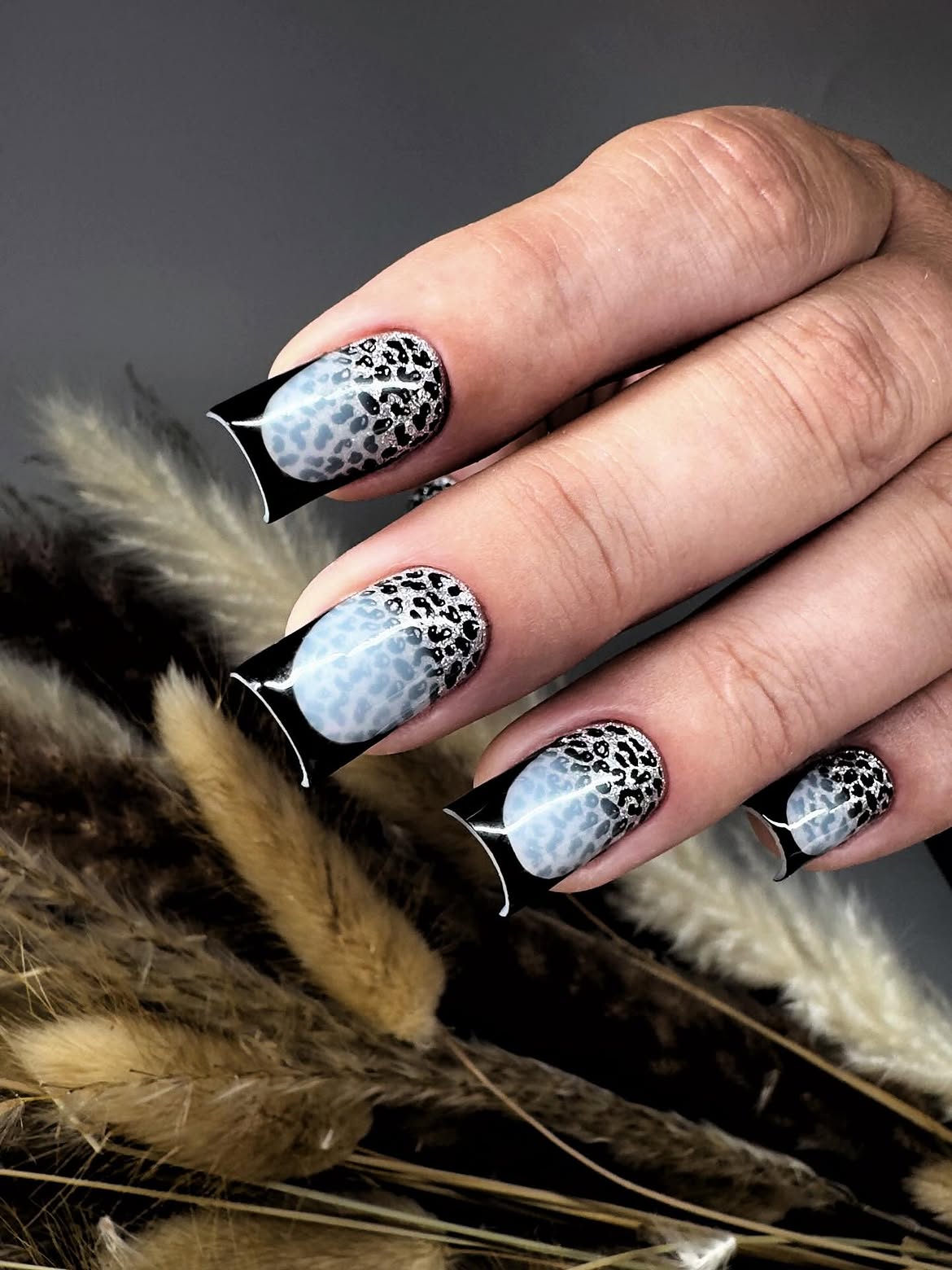 Black & White Leopard French Tip Coffin Nails