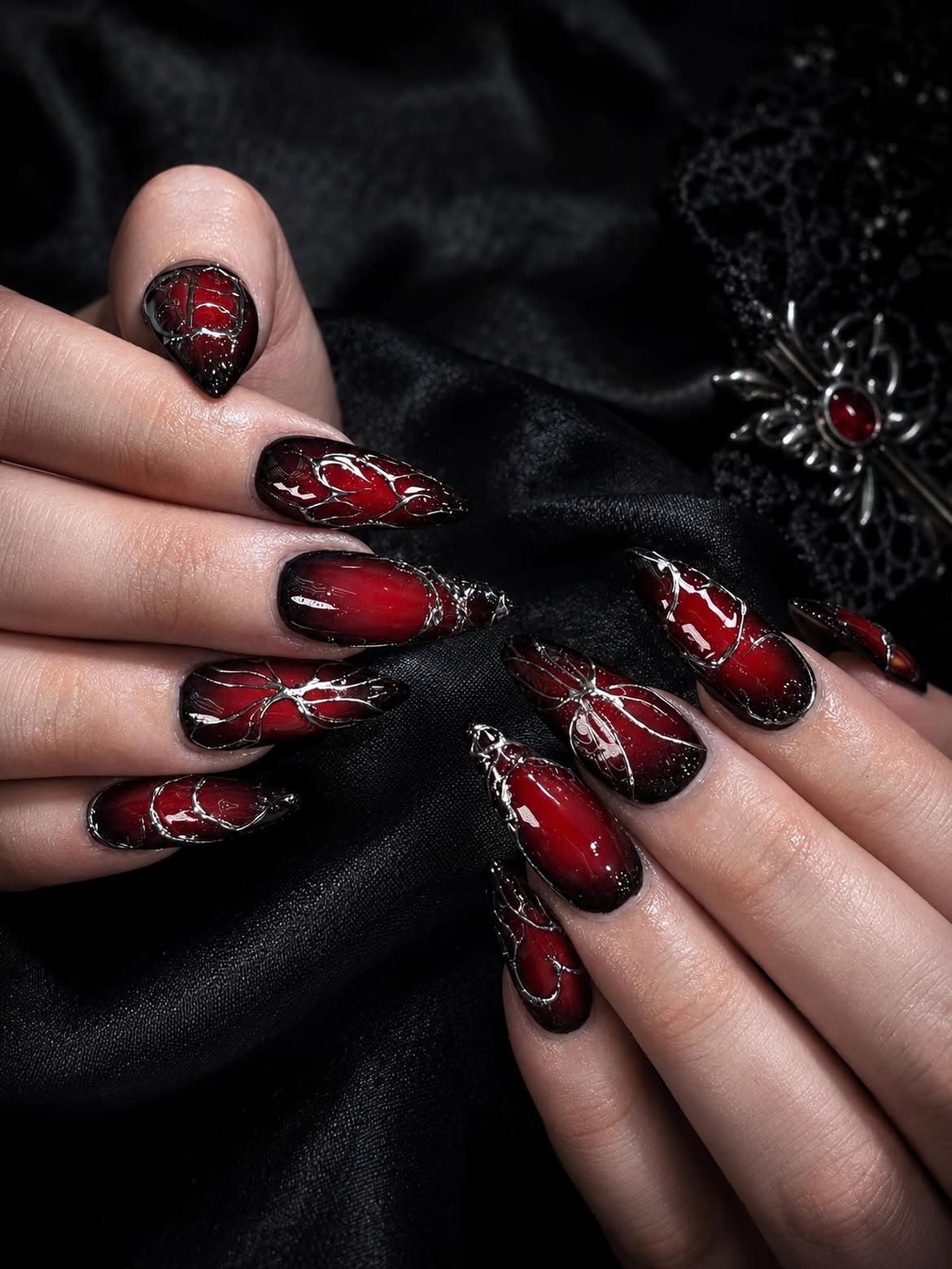 Blood Red Ombre Spiderweb Stiletto Nails