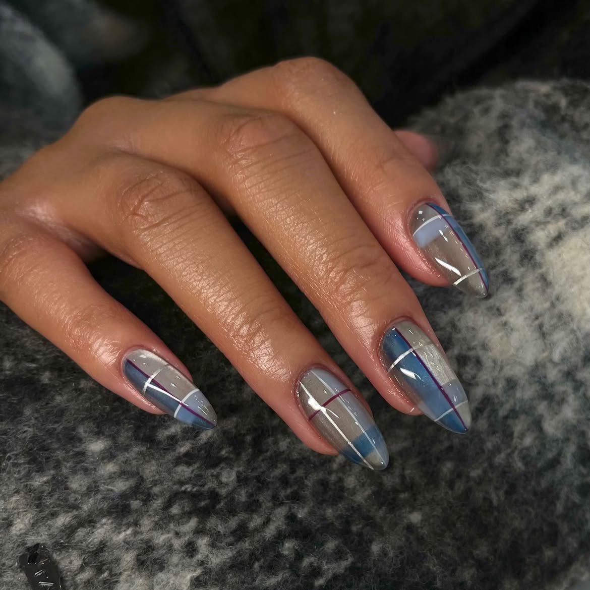 Blue and Grey Plaid Stiletto Nails