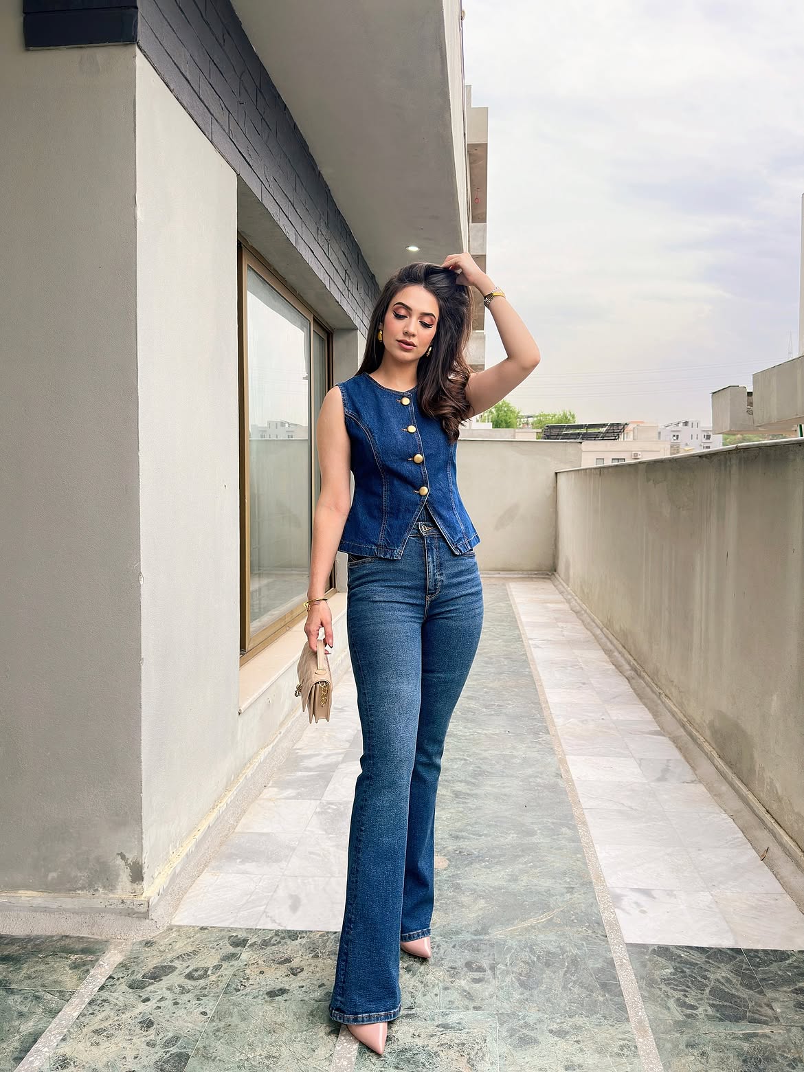 Blue Denim Vest and Flare Jean Combo